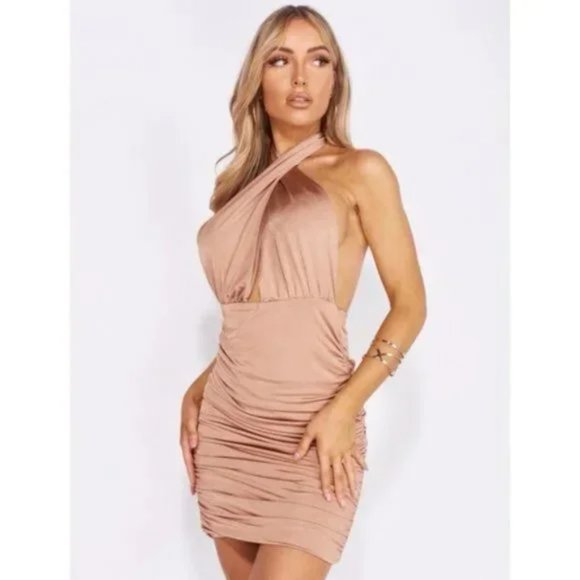 Nude Sleeveless Halter Neck Backless Open Back Cutout Ruched Bodycon Mini Dress - Picture 9 of 17
